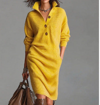 Casual collared loose-fitting mid-length sweater dress