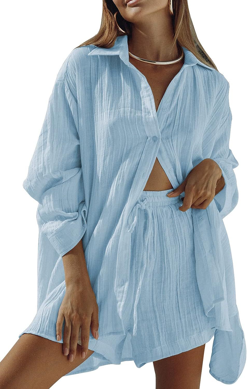 Women's Casual Long Sleeve Shirt and Shorts Two-Piece