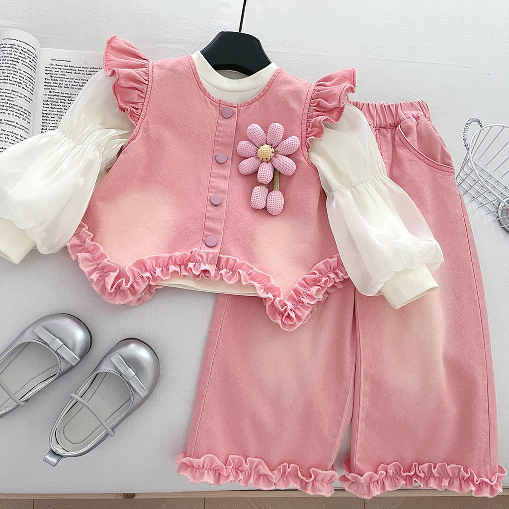 Girls' Denim Set - Flower Top Lace Pants