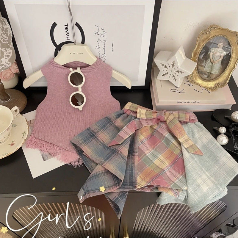 Girls' Summer Knitted Vest and Plaid Culottes Set