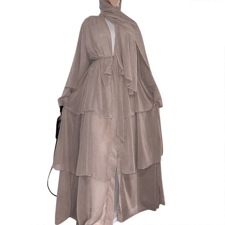 Stitching three-layer chiffon elegant cardigan dress robe