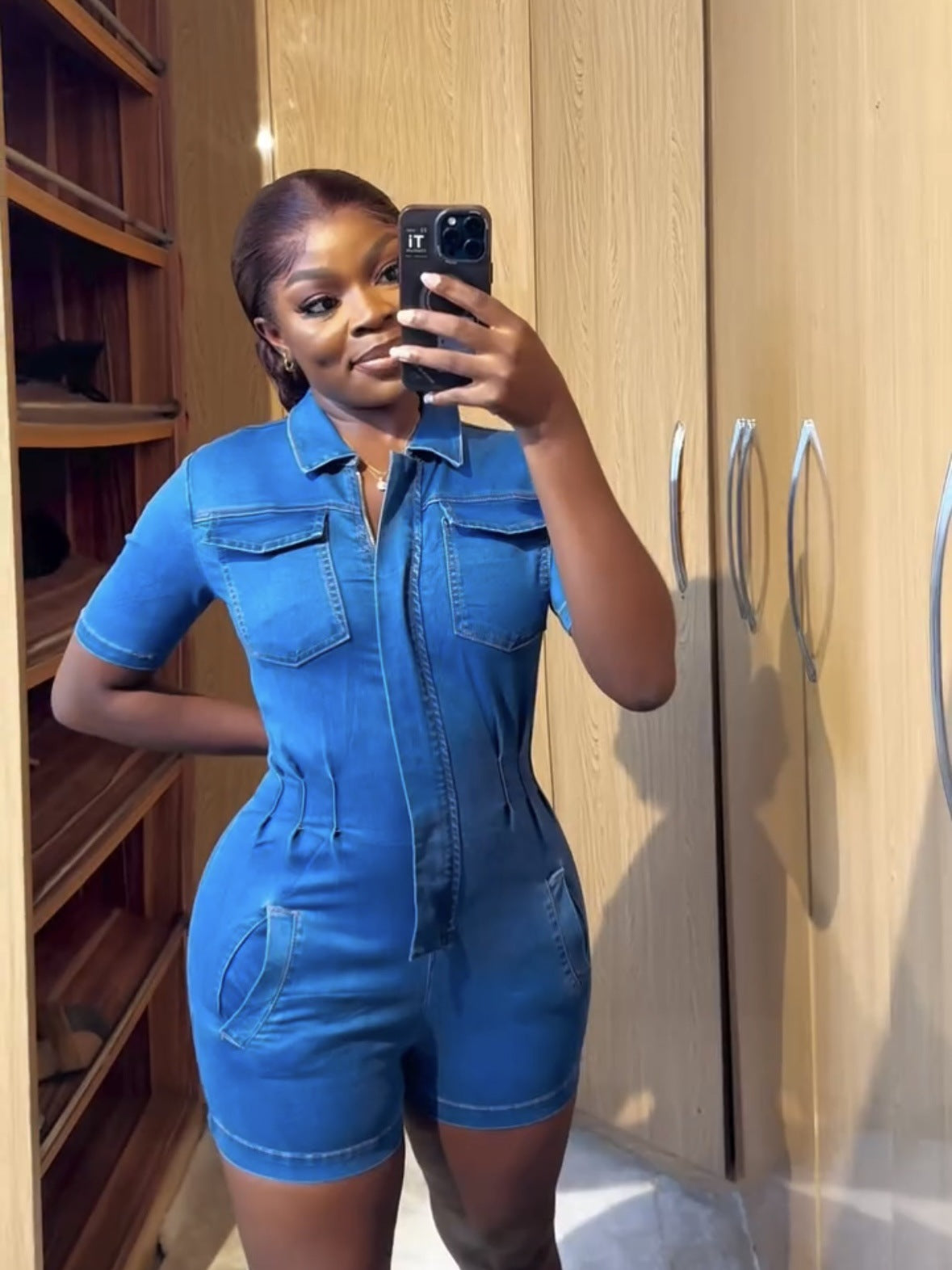 Women's Slim Fit Denim Jumpsuit with Lapel and Zipper