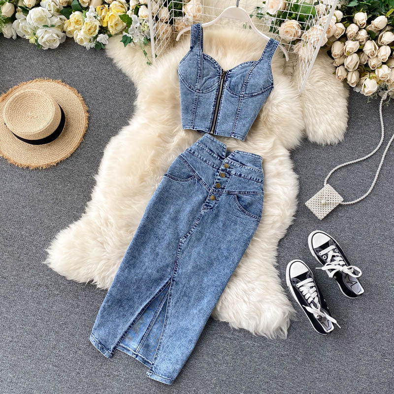 Women's Denim Camisole and High Waist Skirt Set