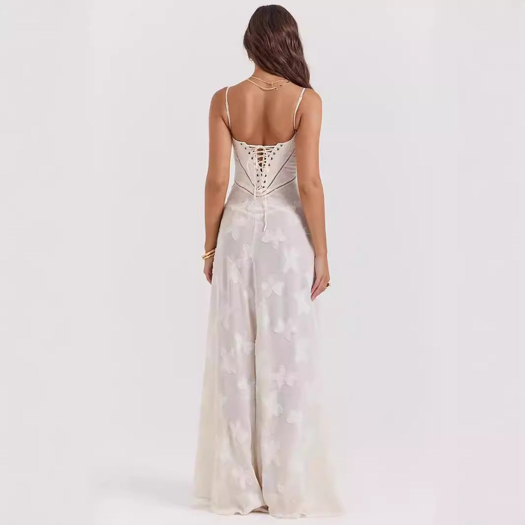 French Lace Strap Dress Women Elegant Long Skirt
