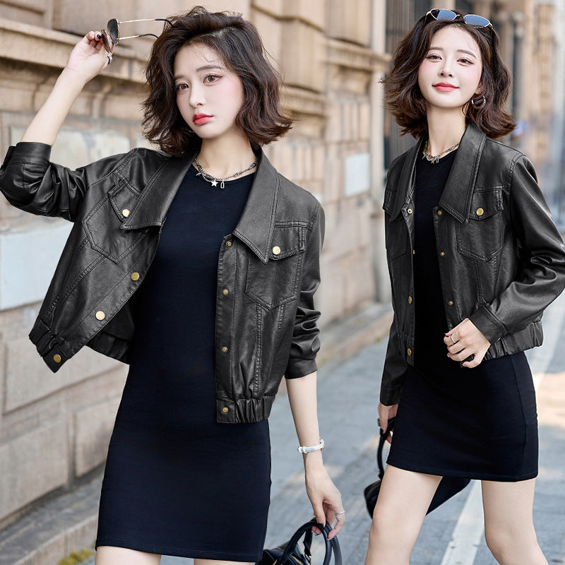 Short leather jacket for women