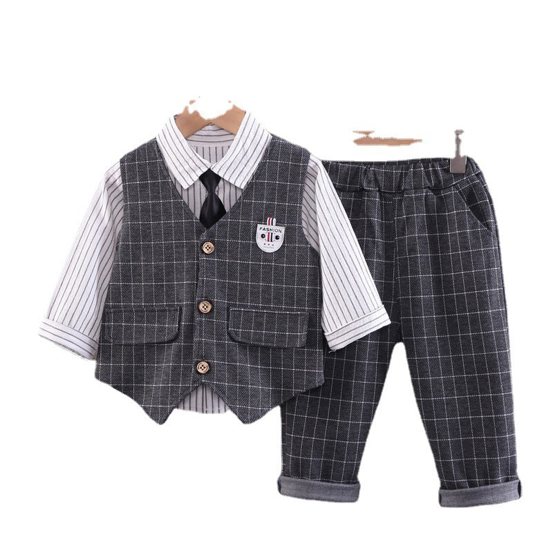 Boys' Autumn Plaid Cardigan Vest Trousers Set