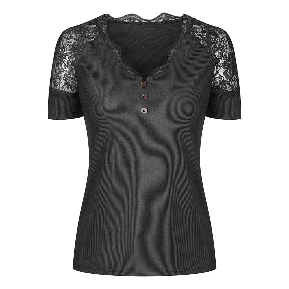 Lace-trimmed collar short-sleeved T-shirt