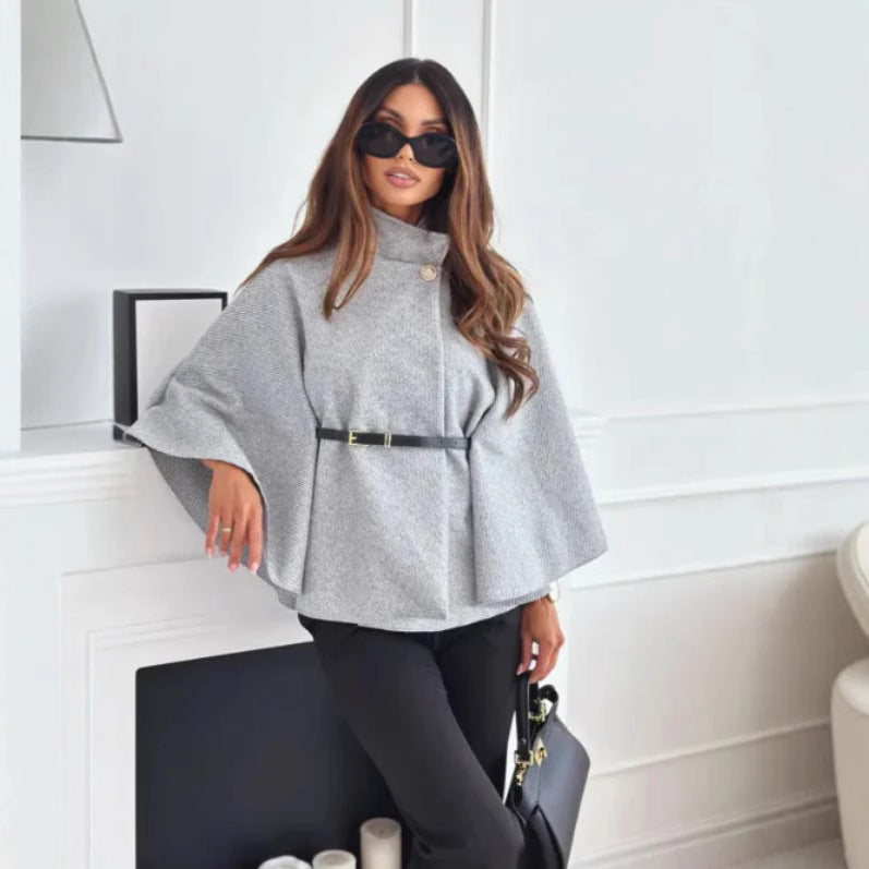 Women's Elegant Woolen Coat with Waist Tie