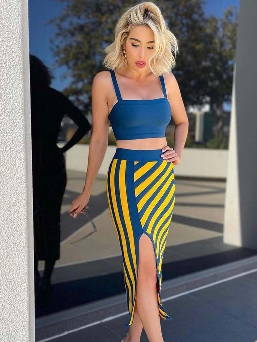 Sleeveless Striped Two-Piece Set - Skirt and Top