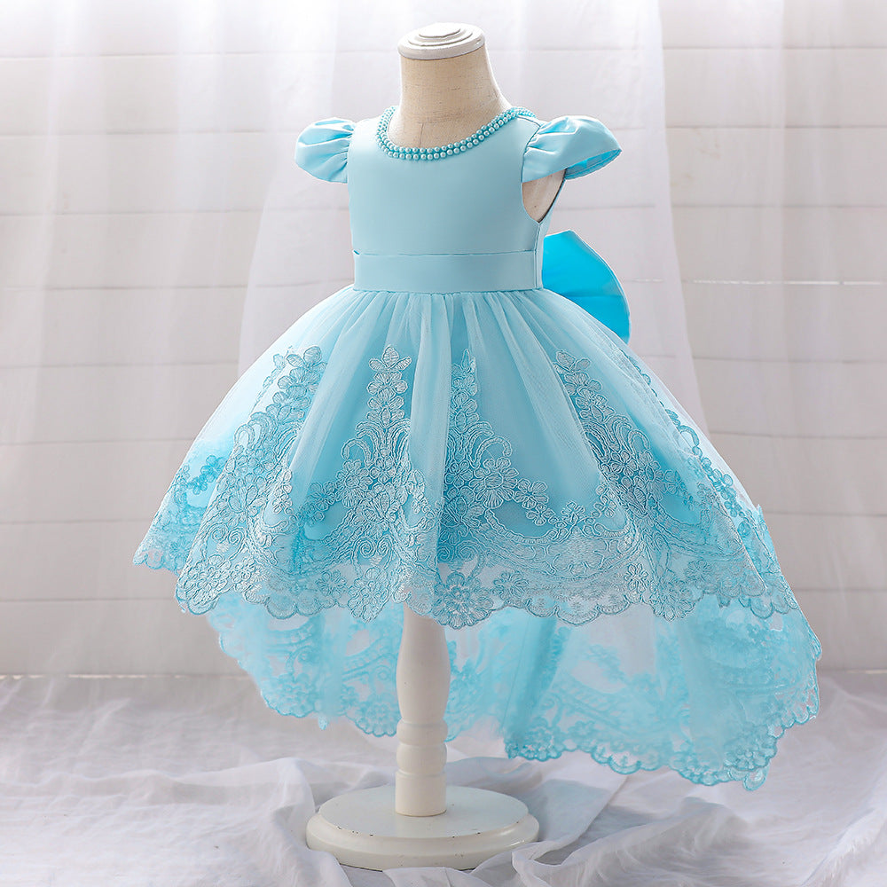 Girl's Embroidered Beaded Party Dress with Bow Details