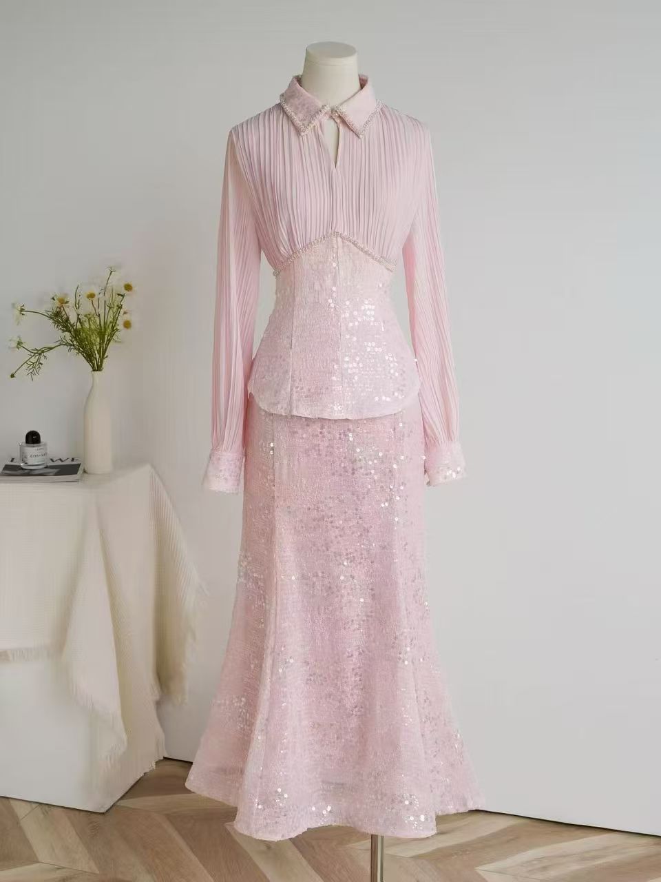 Spliced Shirt and Sequined Fishtail Skirt Set