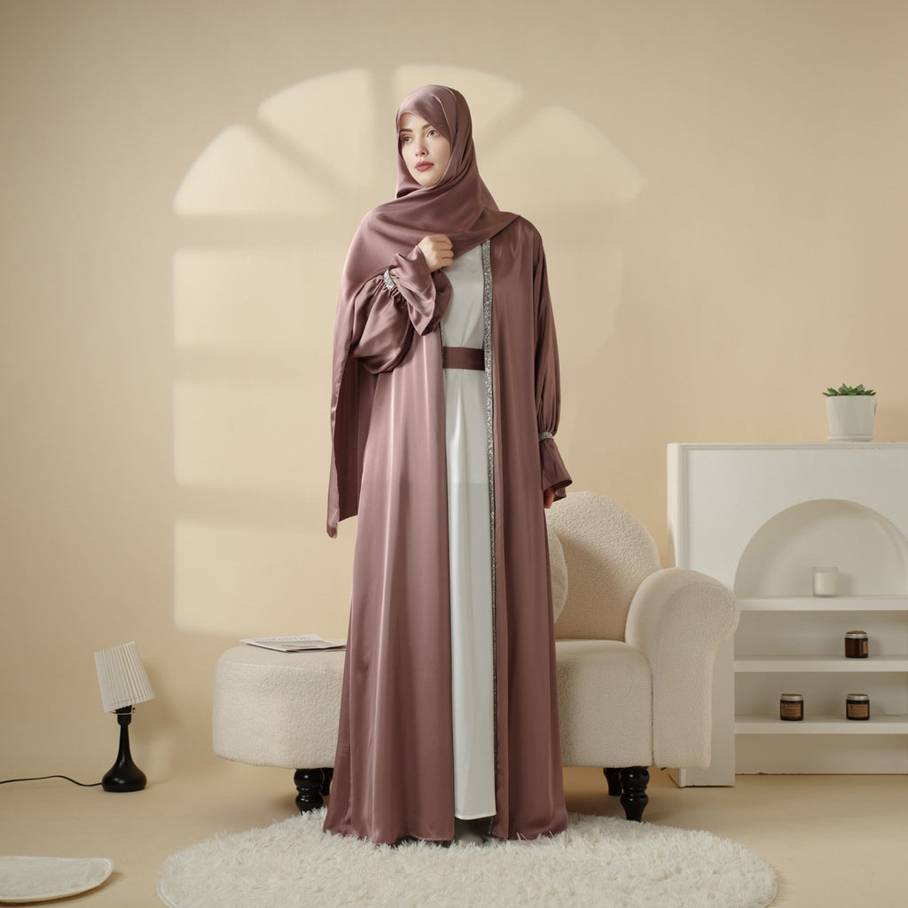 Skirt cuff with diamond abaya women's robe set inner dress, matching belt, and headscarf