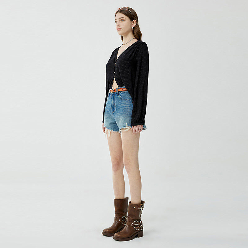 Embroidered High Waist Denim Shorts