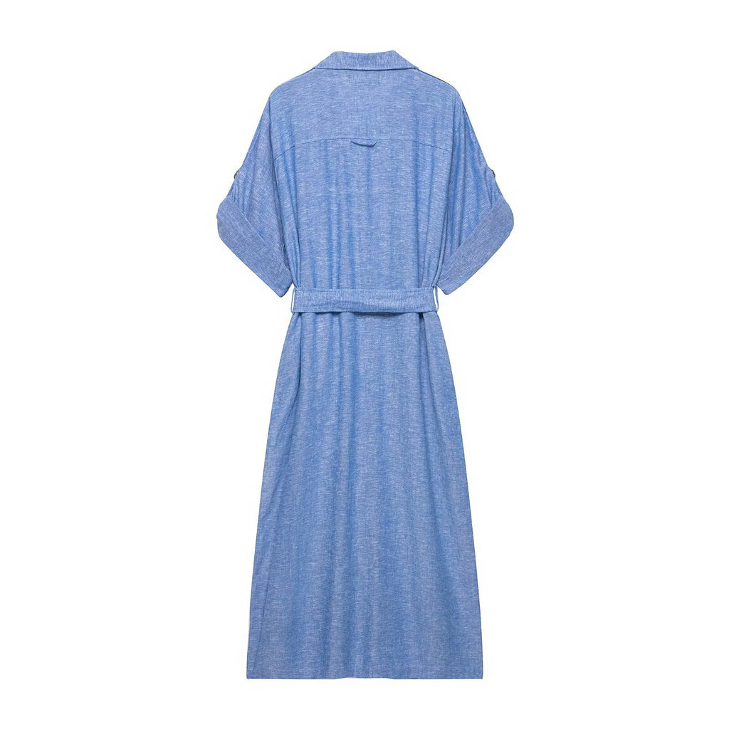 Women's Short sleeved Dress with Linen Blended Belt