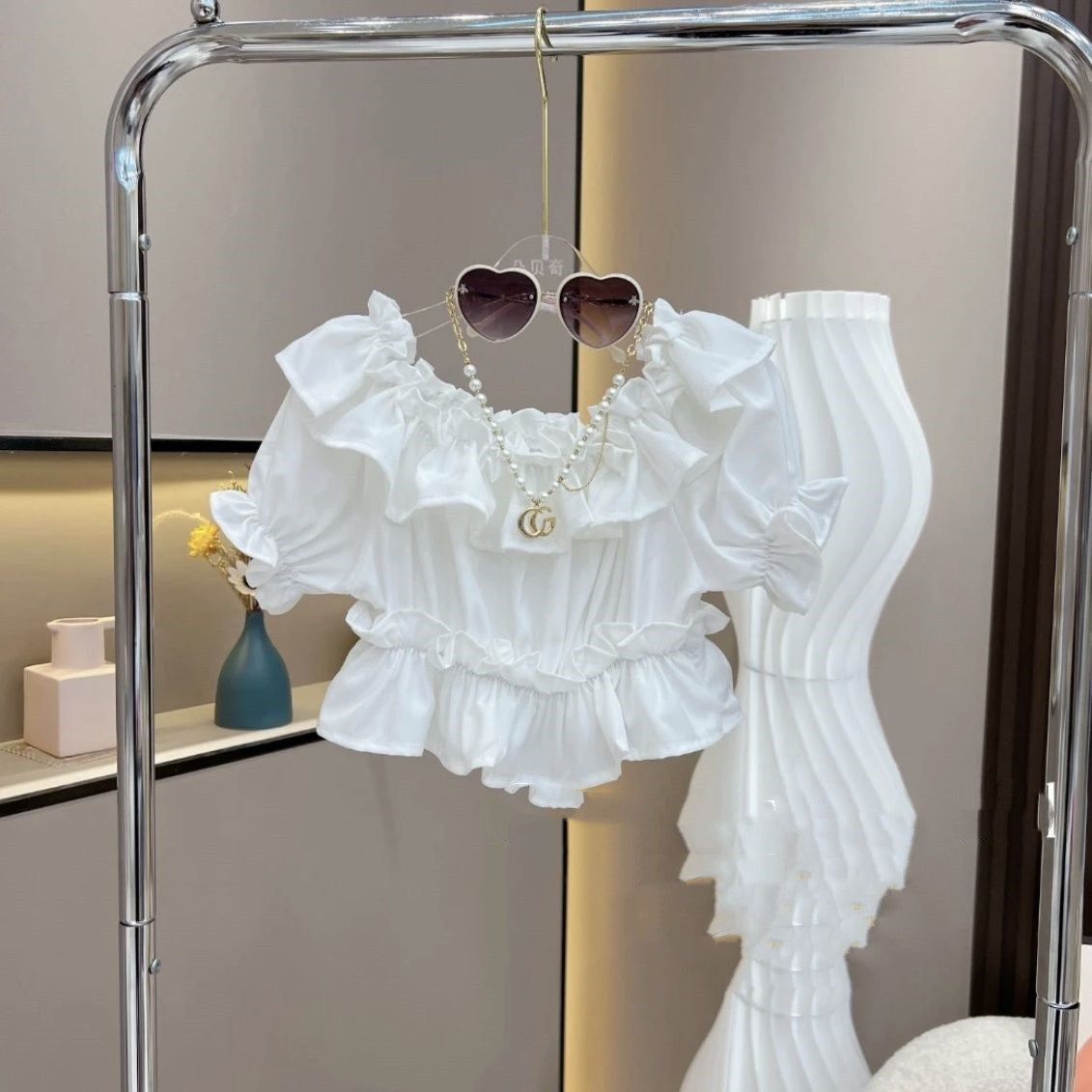 Girls' Ruffled Off-Shoulder Top and Denim Skirt