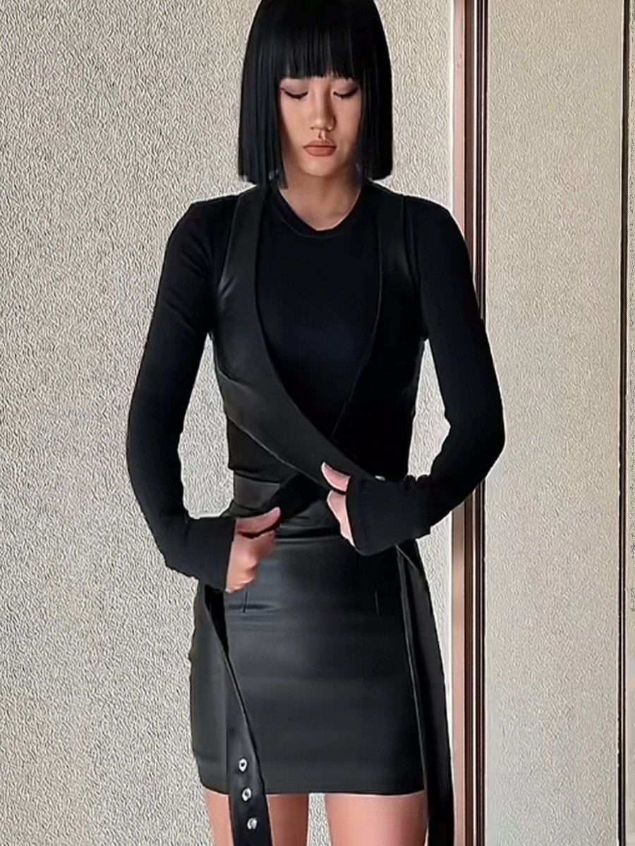 Three-piece set - vest, knitted top, and short skirt