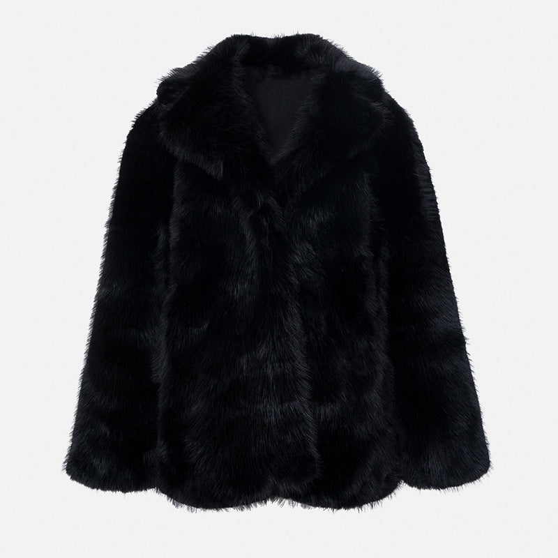 Women's Faux Fur Mid-Length Coat with Extended Collar