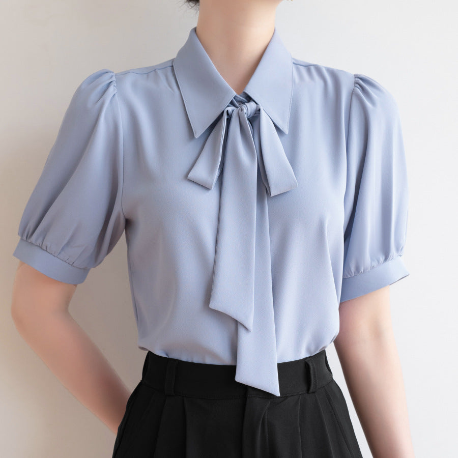 Women's Bow Ribbon Chiffon Shirt - Puff Sleeve
