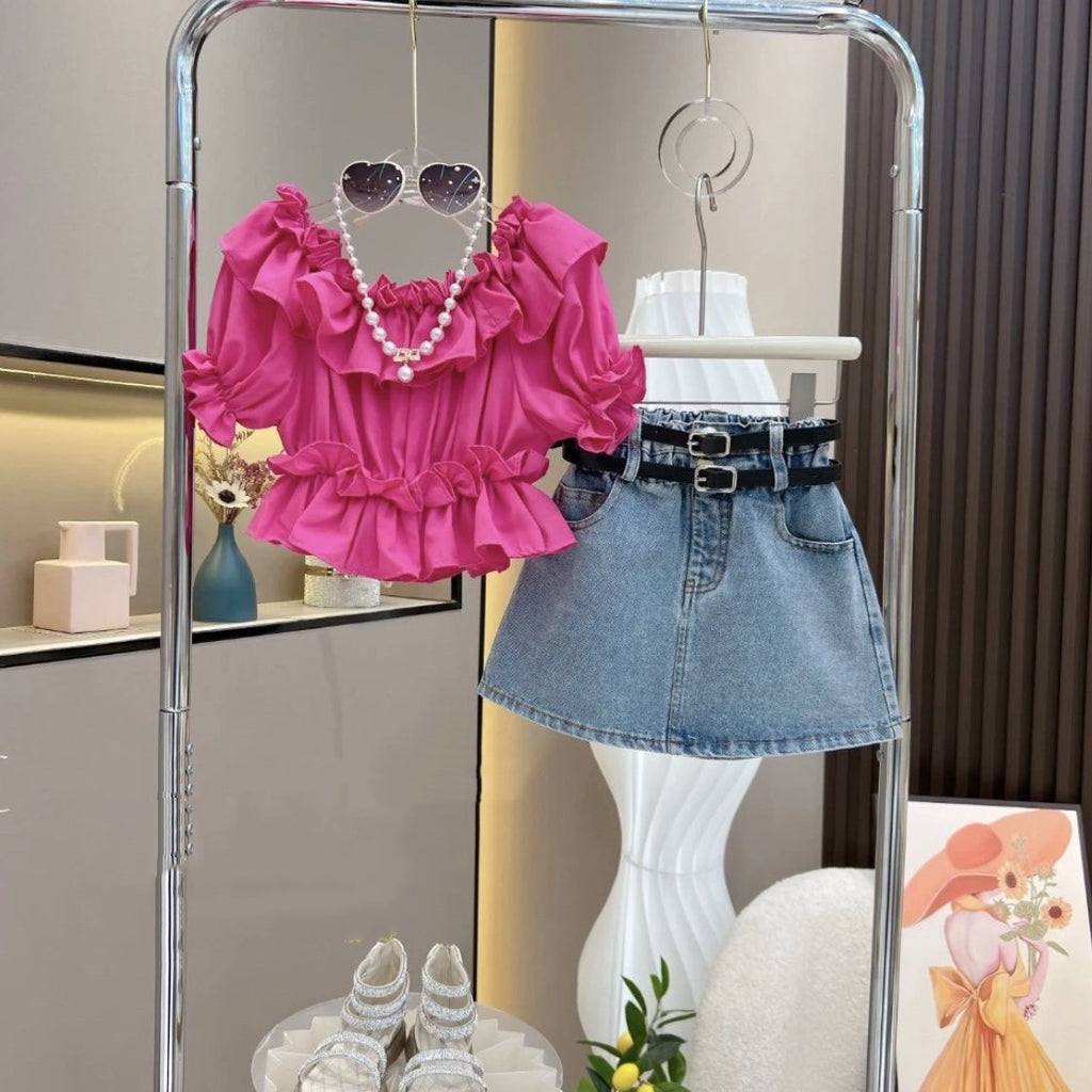 Girls' Ruffled Off-Shoulder Top and Denim Skirt