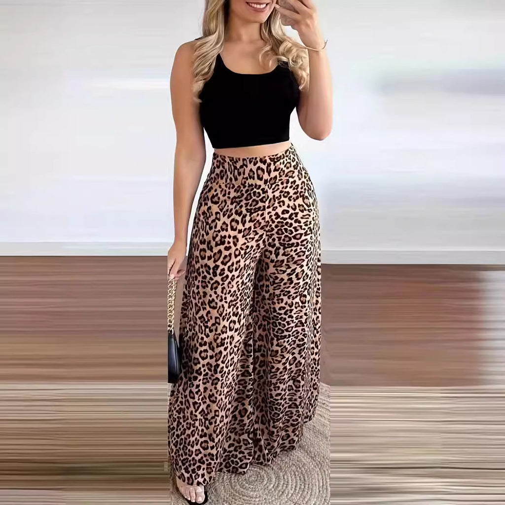 Women's Leopard Print Sleeveless Vest and Wide Leg Trousers
