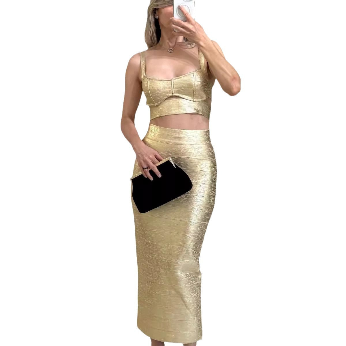 Women's gold-embossed bandage top long skirt - camisole top and long skirt