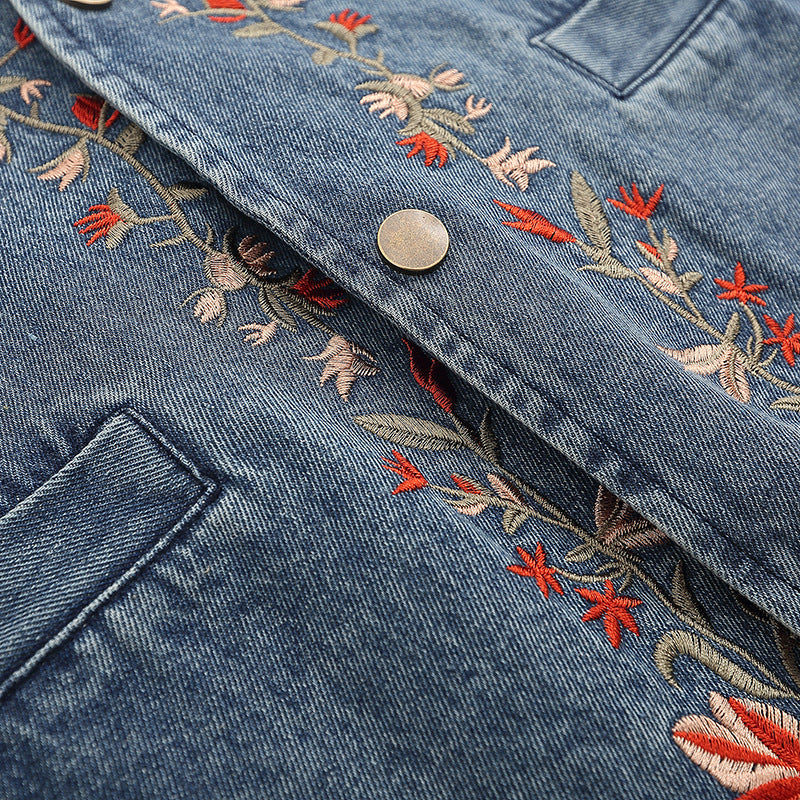 Unisex Denim Vest with Floral Embroidery