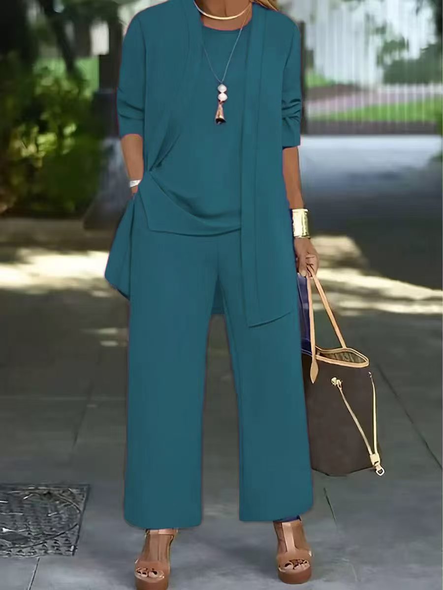 Women's Solid Color Casual Pants Suit - Three-Piece Set Top and Pants