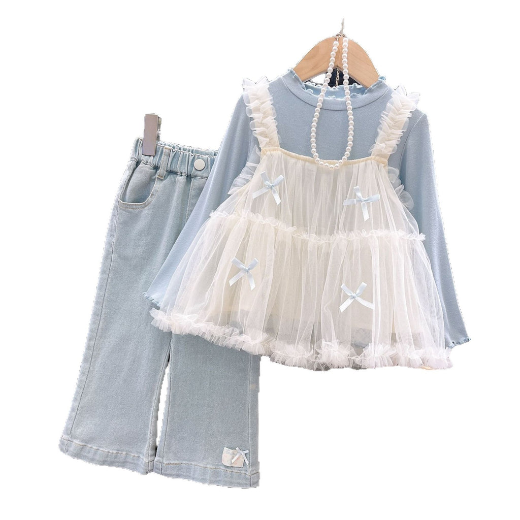 Girls' Three-Piece Outfit Shirt Suspenders Jeans Set