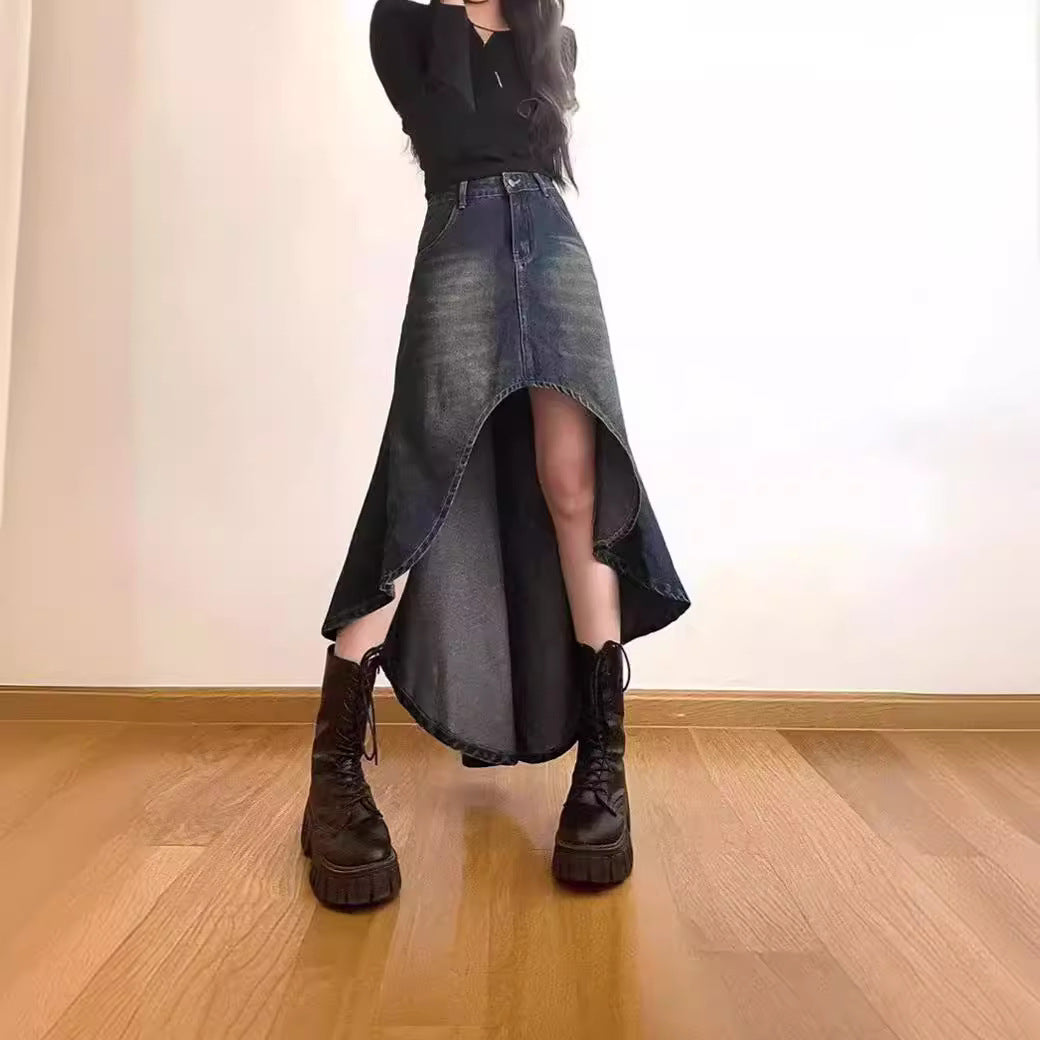 Retro High Waist Fishtail Denim Skirt