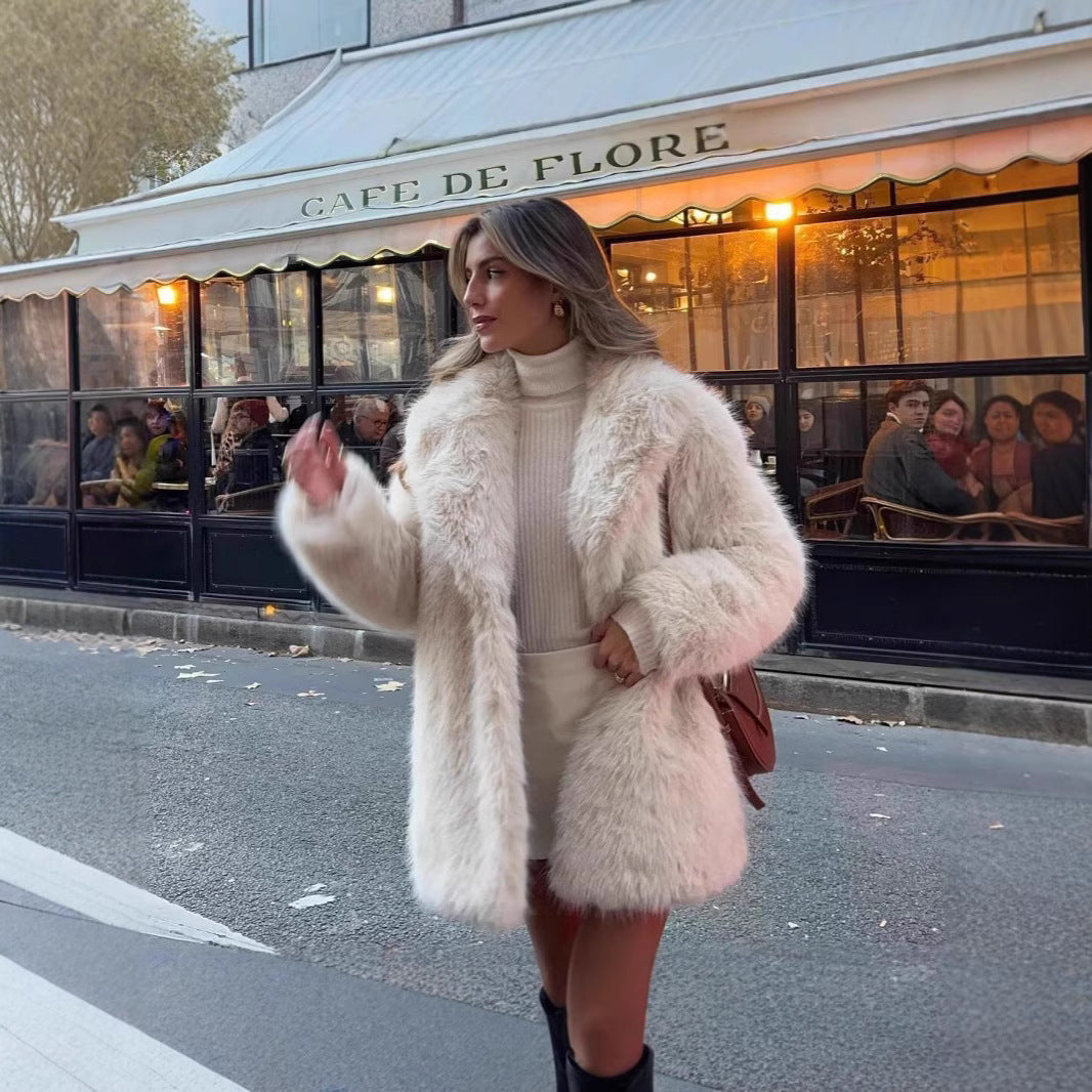 Women's Faux Fur Mid-Length Coat with Extended Collar