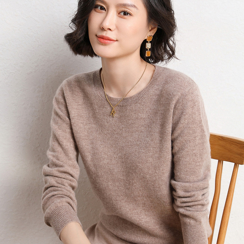 Ladies Solid Color Round Neck Long Sleeve Pullover Sweater