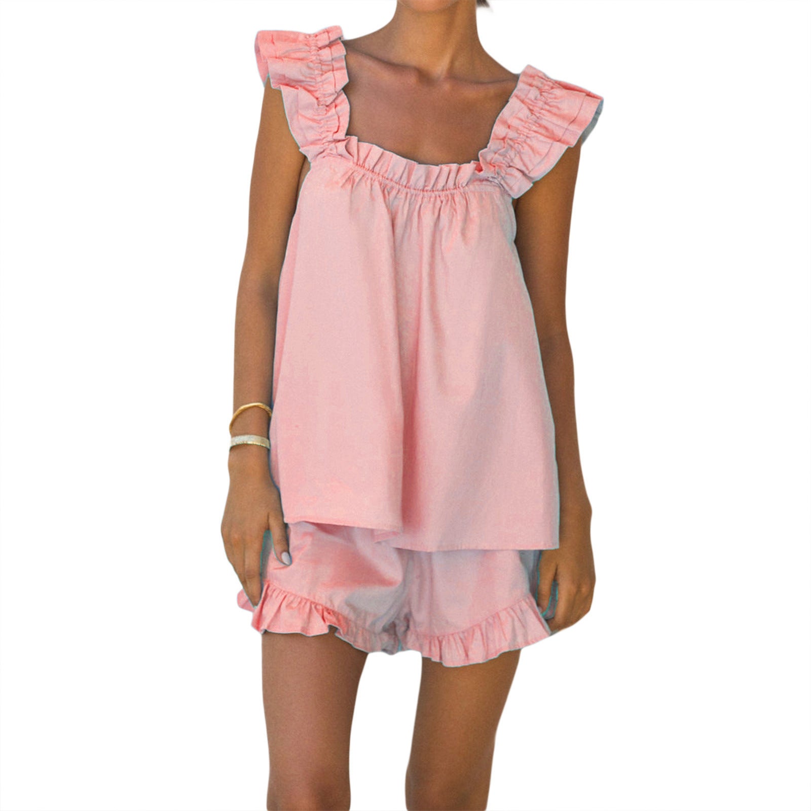 Cotton and linen blouse with wooden earflaps, stylish short pants set