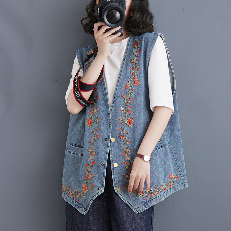 Women's Floral Embroidered Denim Vest