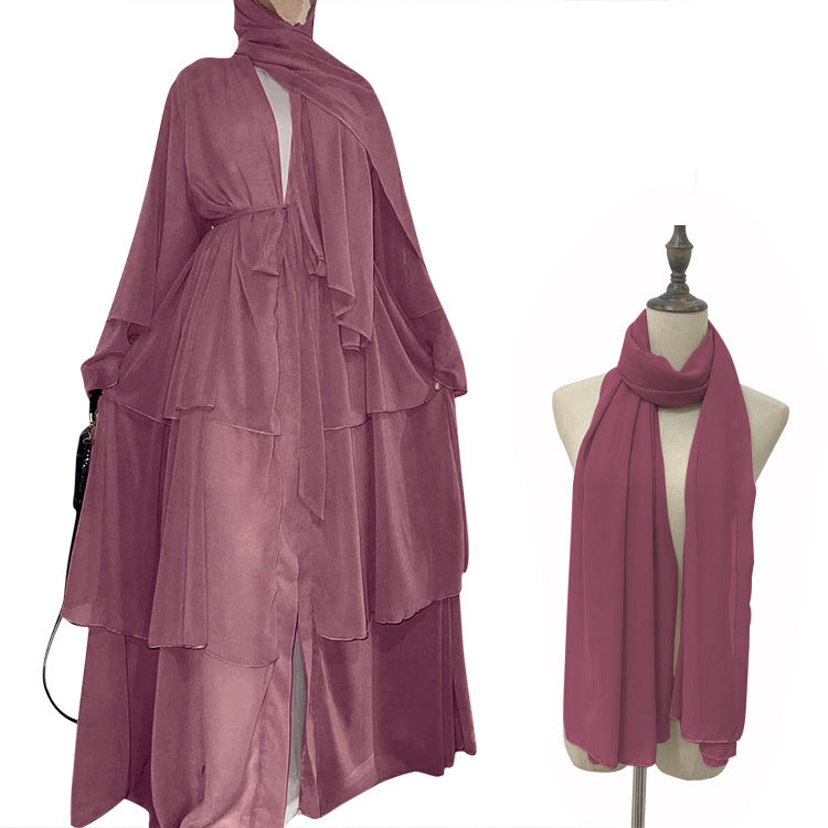 Stitching three-layer chiffon elegant cardigan dress robe