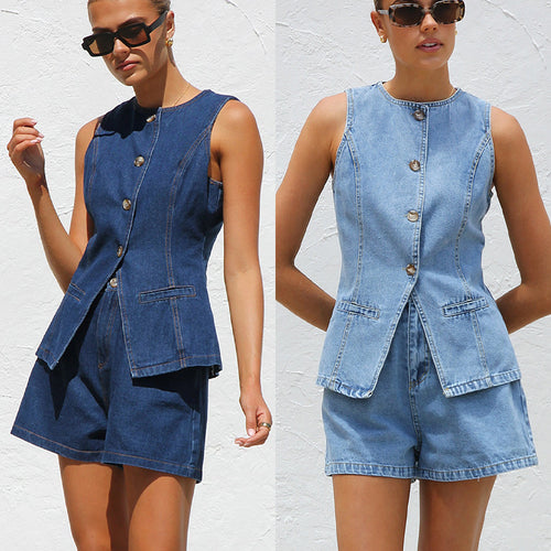 Sleeveless Waist High Waist Loose Denim Shorts Suit