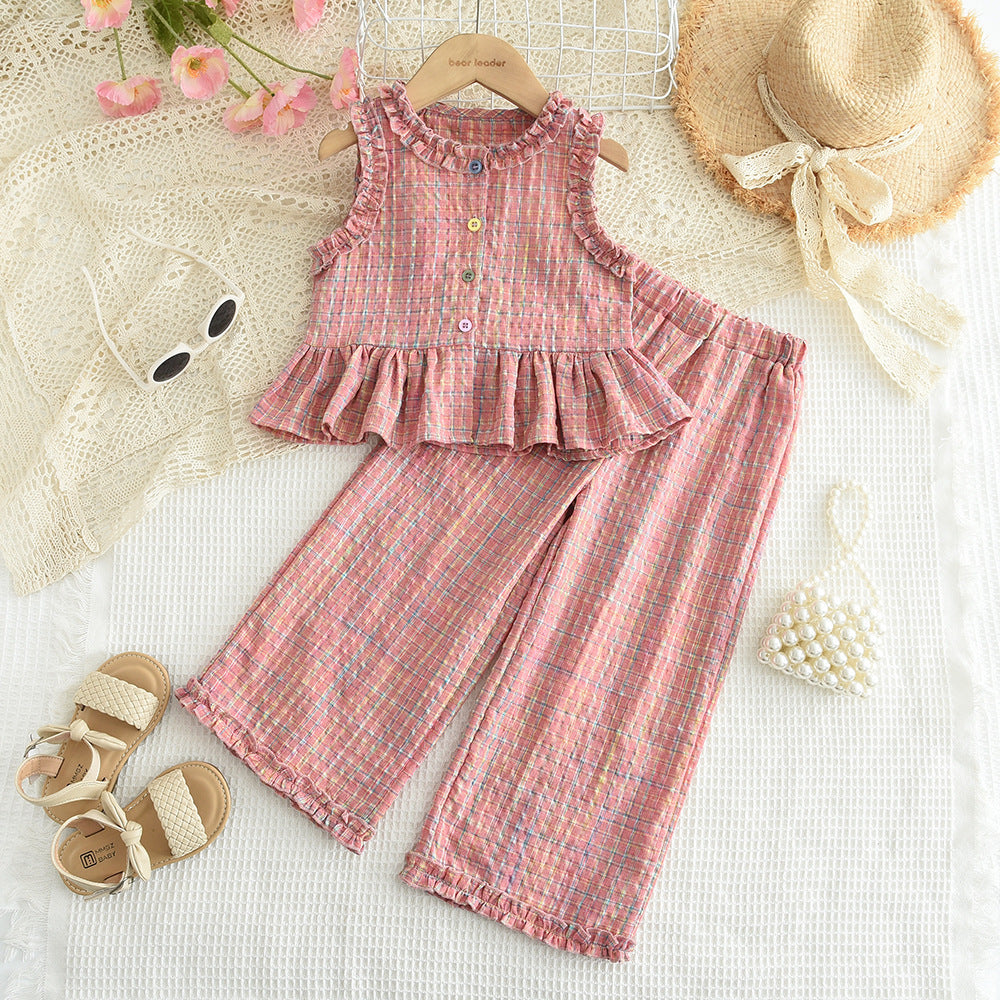 Girls' Lace Contrast Plaid Sleeveless Vest and Wide-leg Pants Set