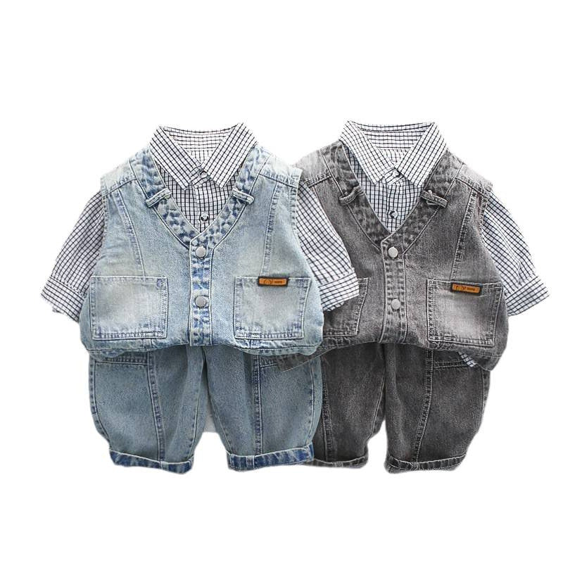 Boys' Plaid Shirt Denim Vest Three-Piece Set