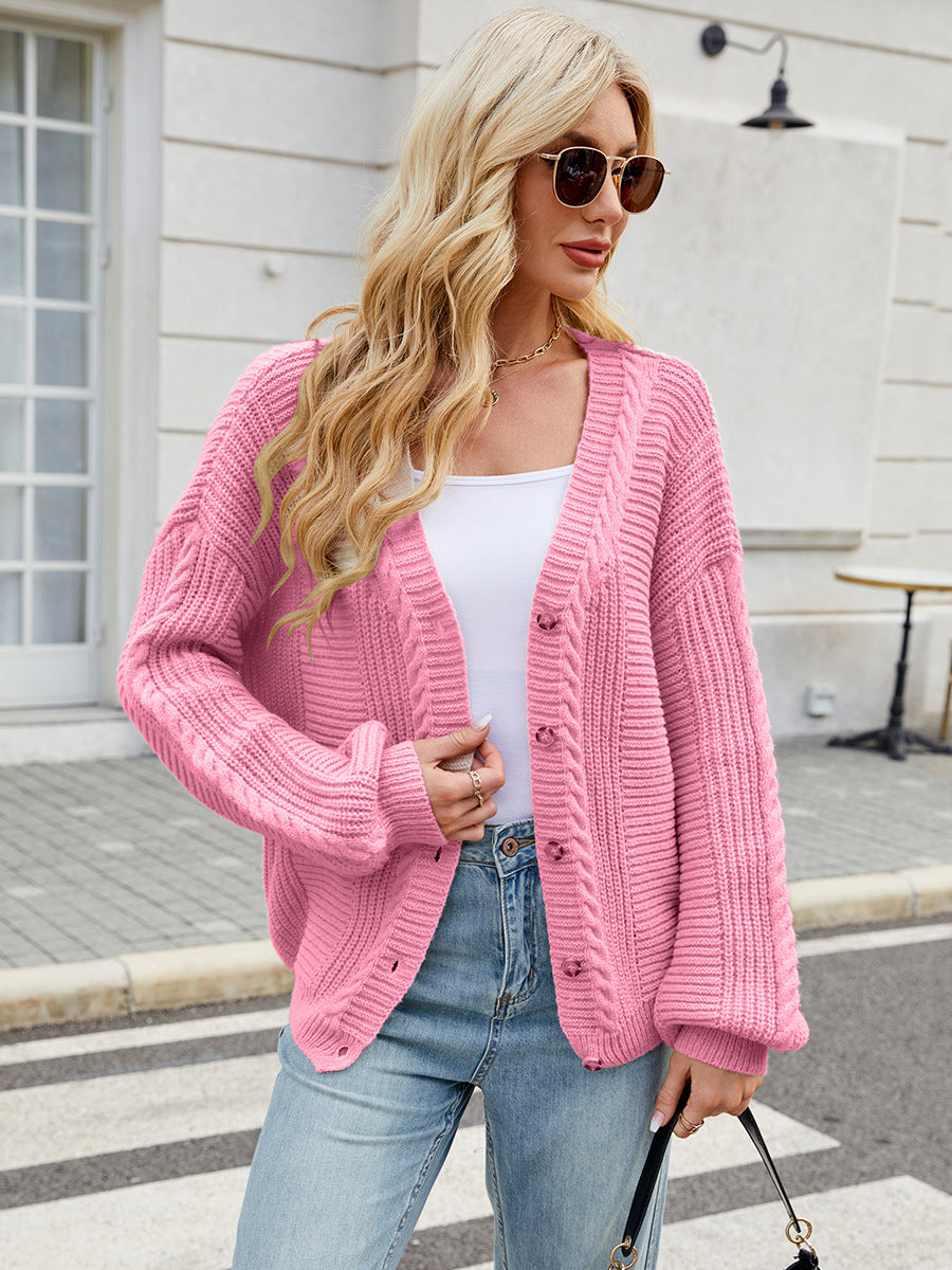 Loose V-Neck Cable Knit Sweater Cardigan