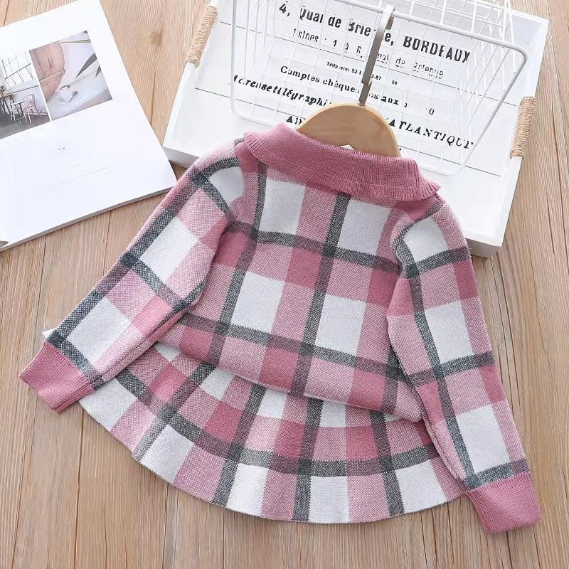 Kids' Knitted Plaid Sweater and Skirt Set