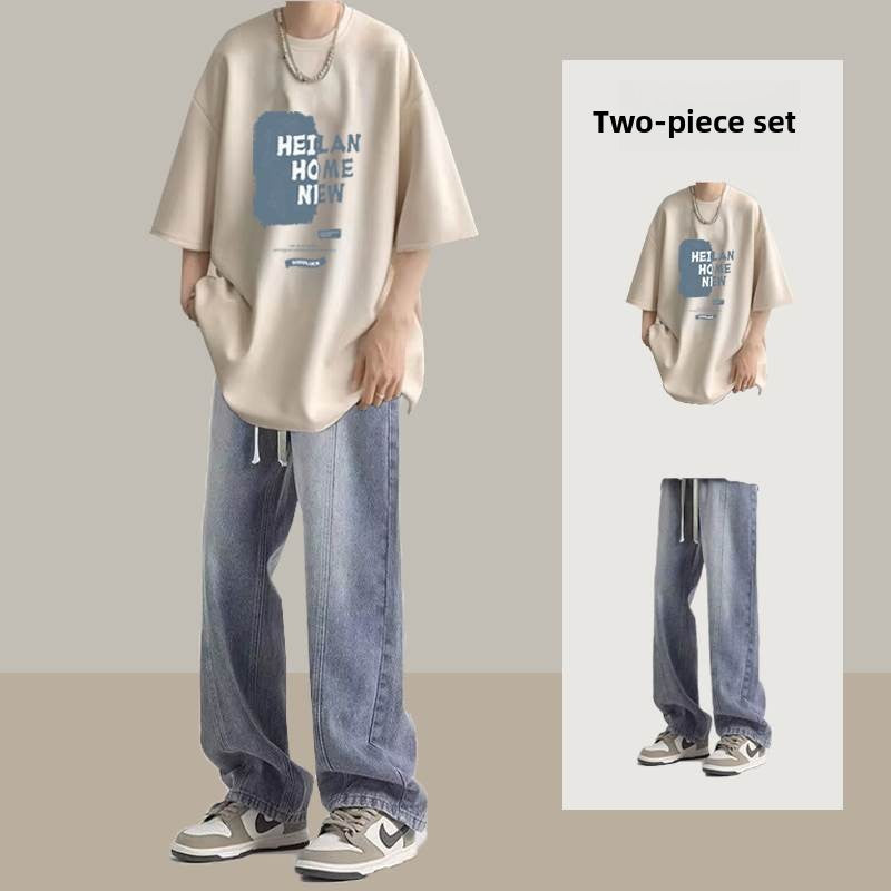 Short-sleeved T-shirt and straight-leg jeans set