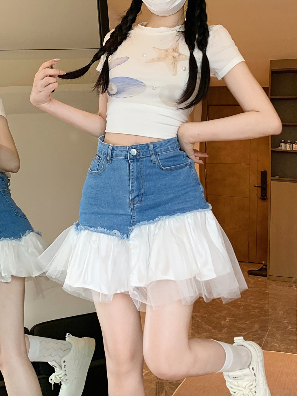 High-waisted denim short skirt for women, lace straight half skirt with patchwork