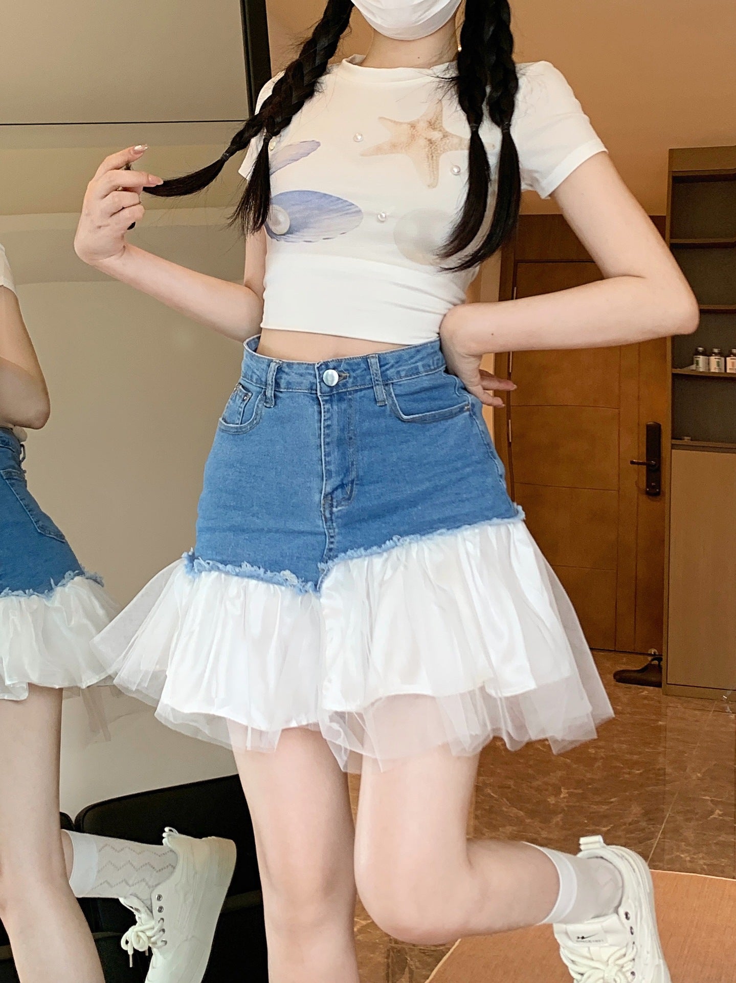 High-waisted denim short skirt for women, lace straight half skirt with patchwork
