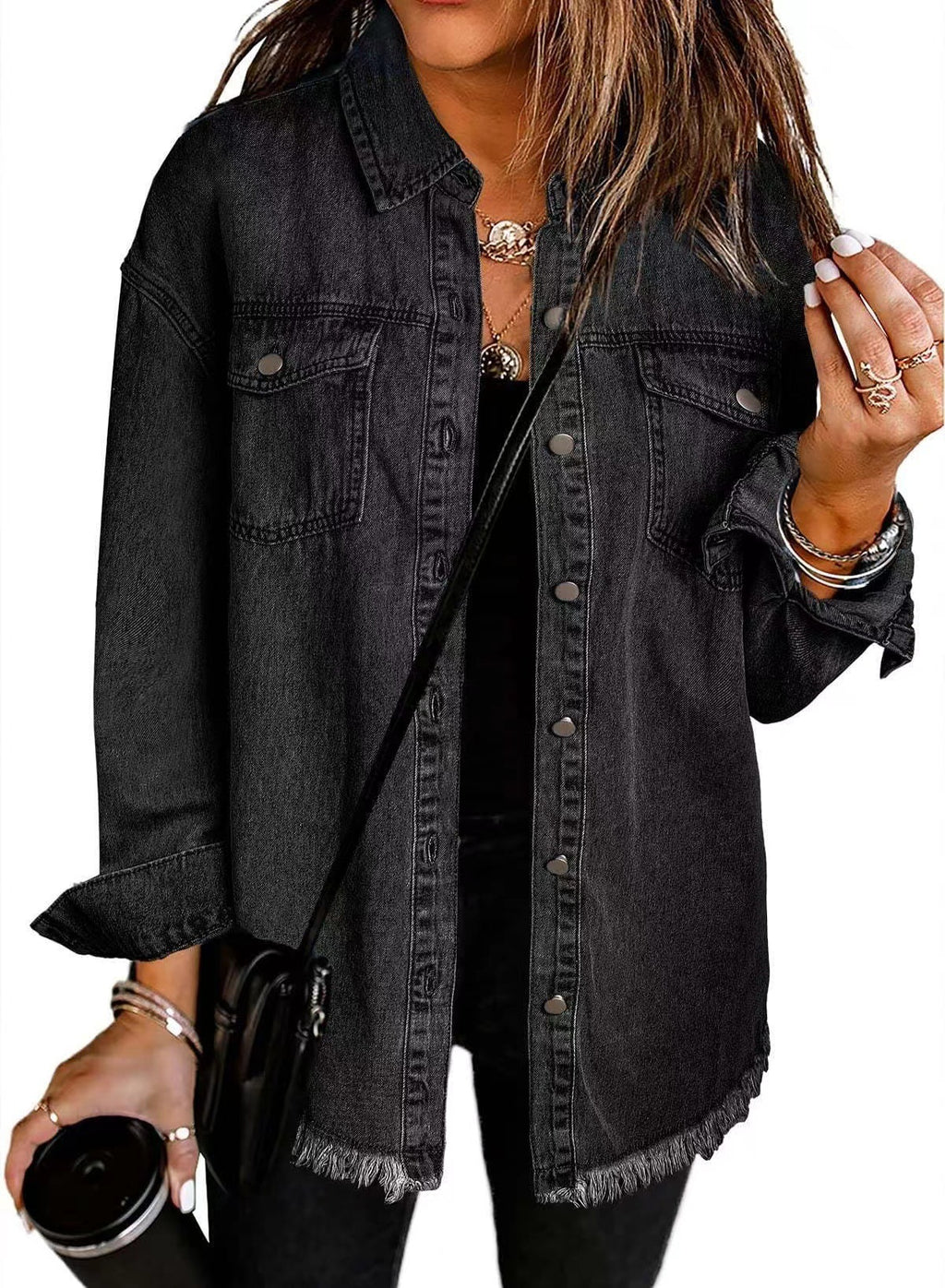 Washed Denim Shirt Jacket with Frayed Hem
