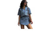 Street Style Denim Suit with V-Neck Top and Culottes