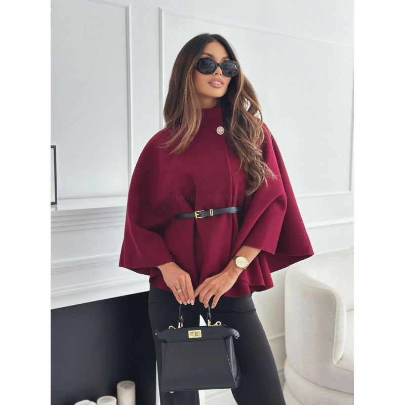 Women's Elegant Woolen Coat with Waist Tie