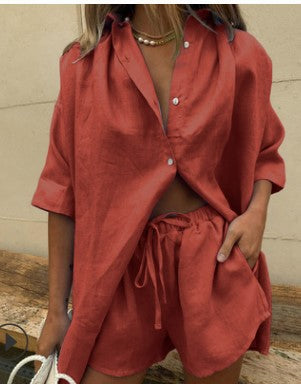 Women's Summer Short Sleeve Shirt and Shorts Set