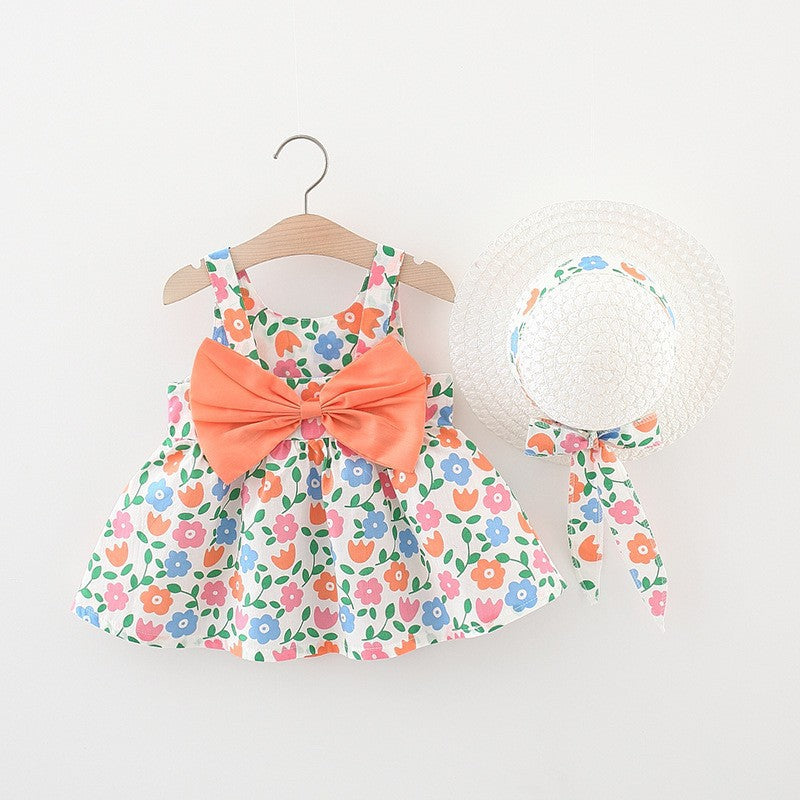 Girls' Summer Sleeveless Bow Dress with Hat