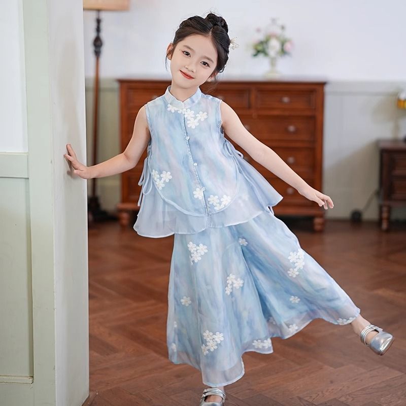 Girls' Chinese Style Sleeveless Wide-Leg Pants Two-Piece Outfit