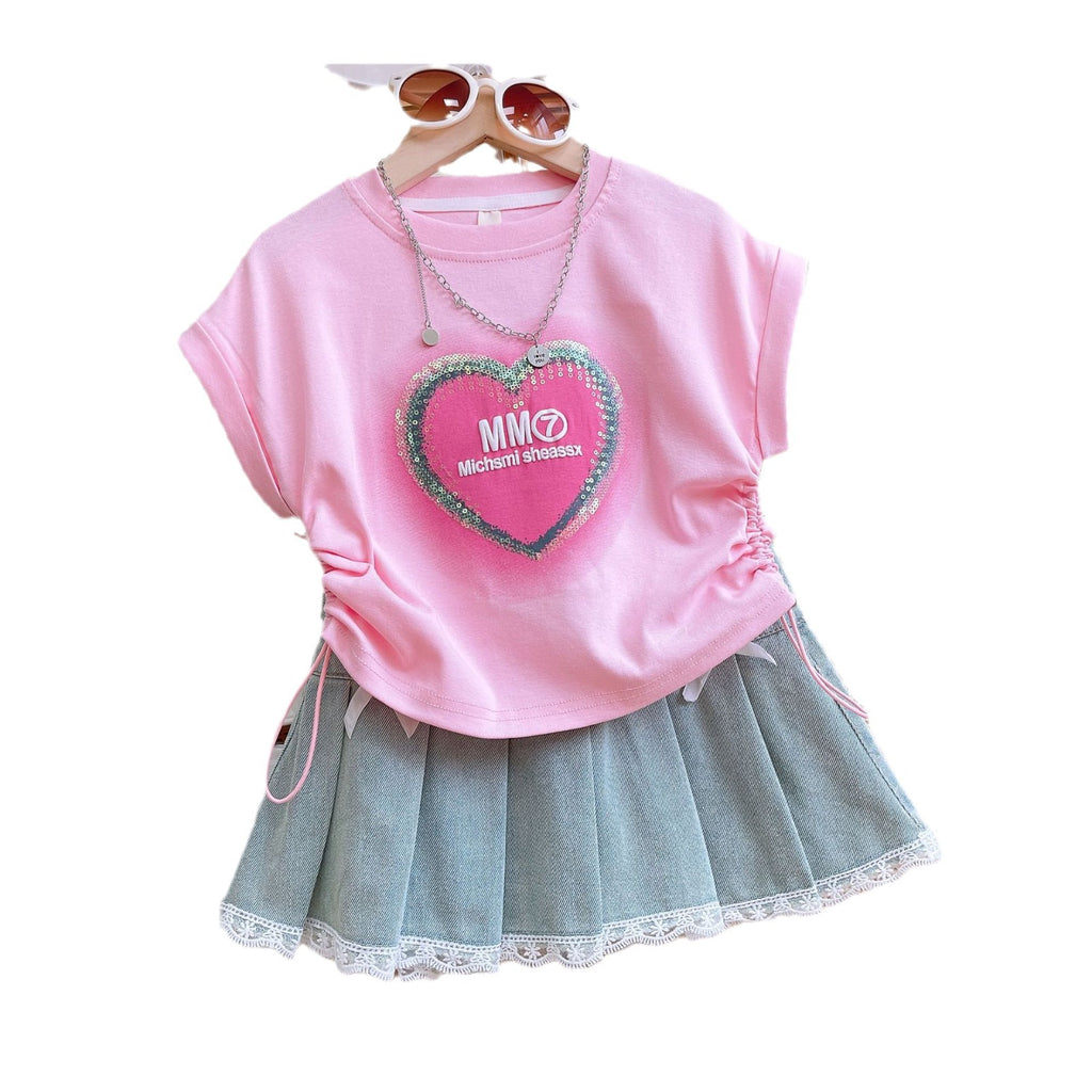 Girls' Sequins Denim Skirt Set with Lace Trim