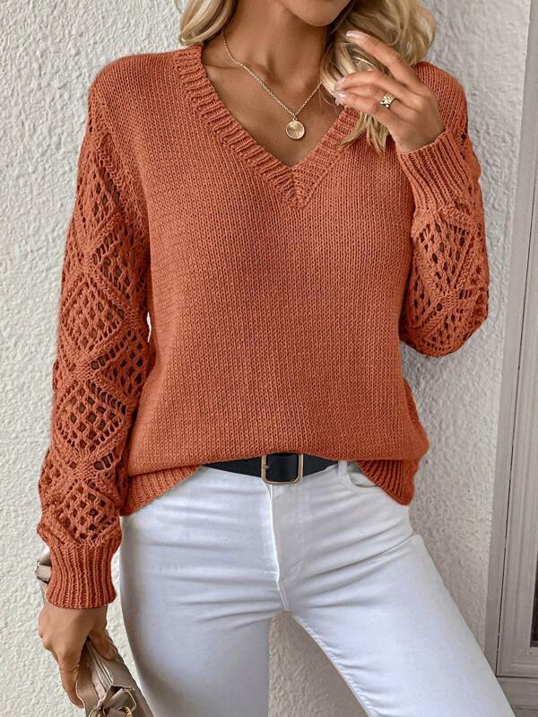 Lace Knitted Sweater Women's Loose V-Neck Long Sleeve Pullover